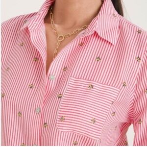 Chicos No Iron Red Striped with bumblebees button down shirt
